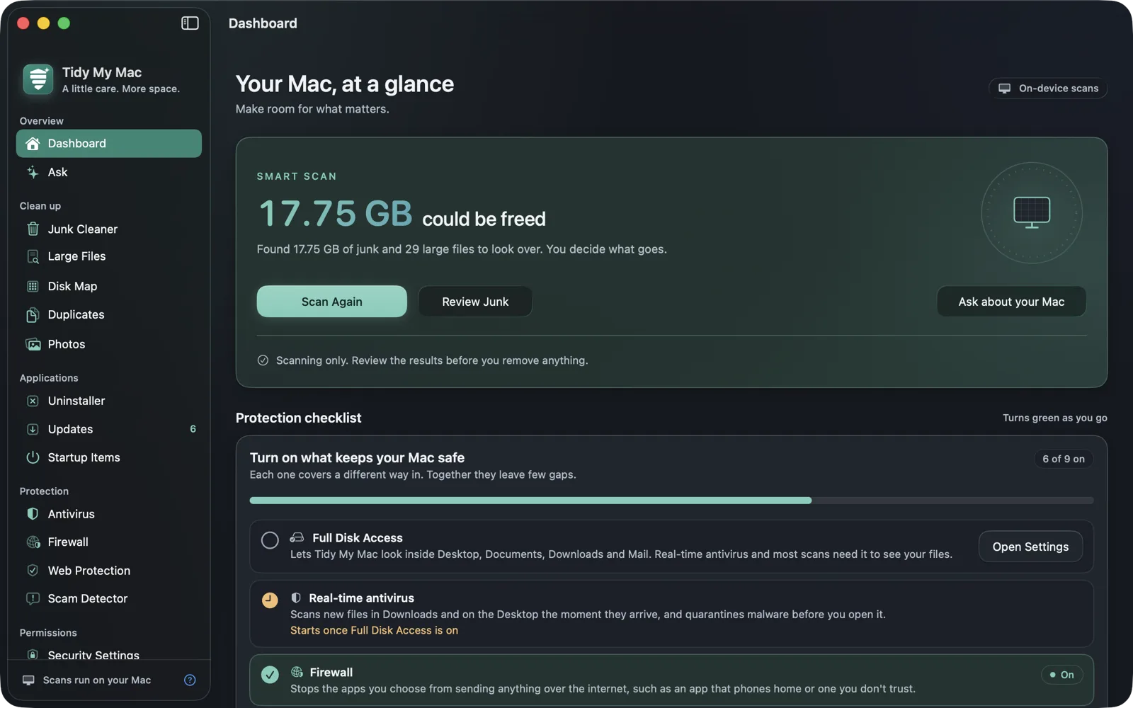 The Tidy My Mac Dashboard: a Smart Scan finding 17.75 GB that could be freed, and the protection checklist